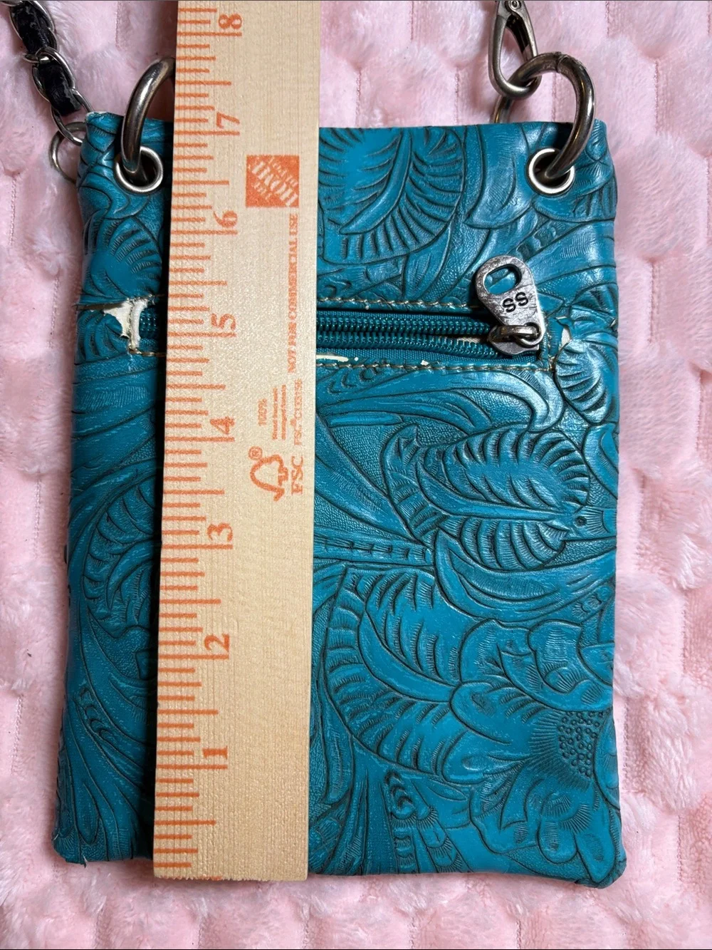 Y2K Western Turquoise Cross Tooled Leather Bag w/ Chain